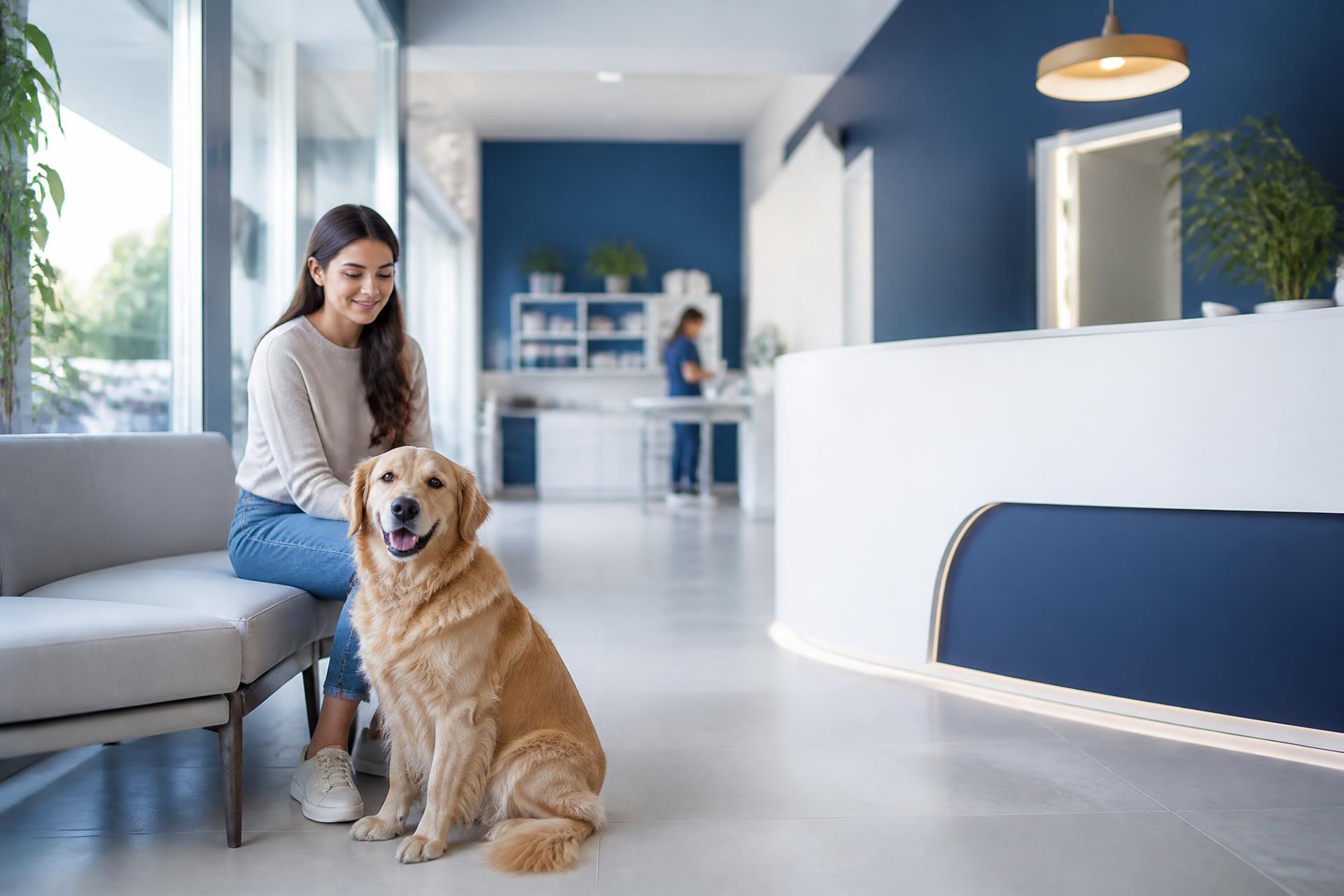 Tutora com seu cão na recepção do centro veterinário